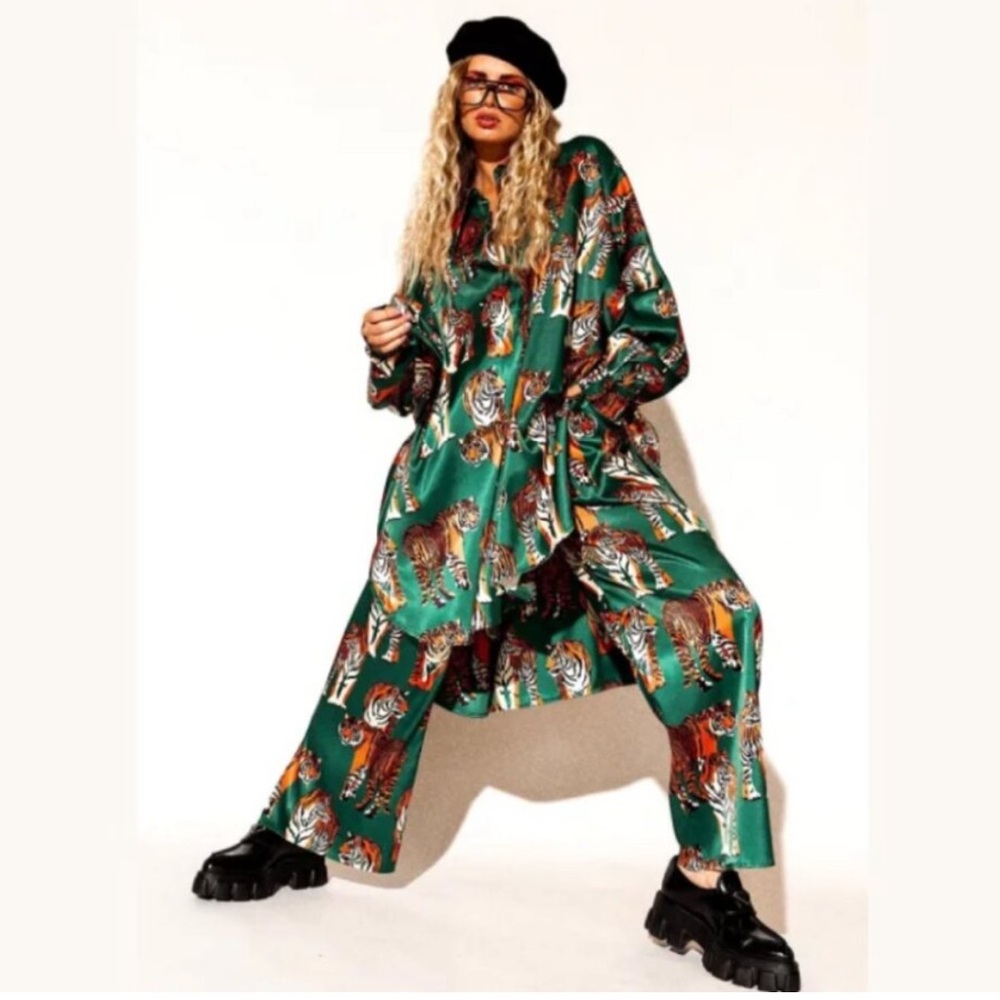 NWT Dressed in LALA Posh Satin Tiger Tales Print Playsuit Pants Sz XS